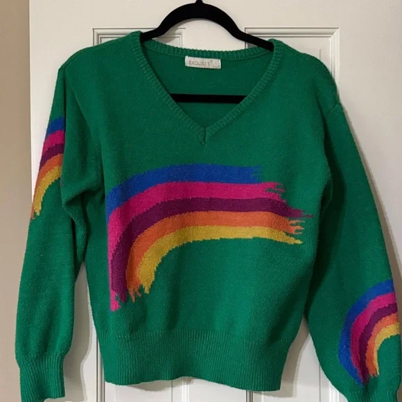 Green Vintage Style V-Neck Rainbow Stripe Sweater - Picture 2 of 5